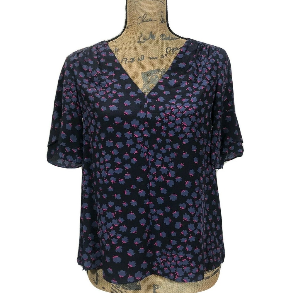 Rebecca Taylor Top 0 Navy Gray Pink 100% Silk Short Sl Flutter Hi Low Blouse